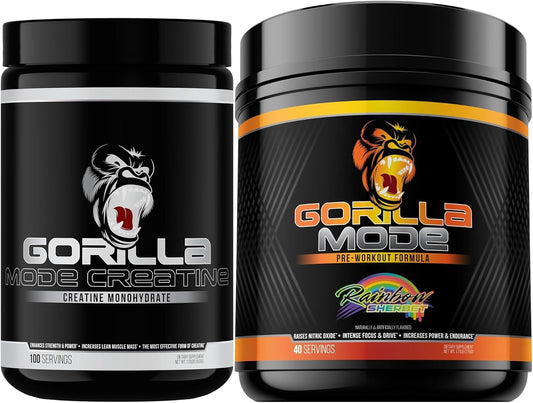 Gorilla Mode Creatine Monohydrate Micronized Powder & Pre Workout (Rainbow Sherbert)- Massive Pumps | Laser Focus Energy | Improved Muscle Size | Power Output and Strength