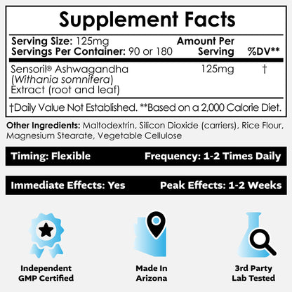 Nootropics Depot Sensoril Ashwagandha Capsules | 125mg | 90 Count | Ayurvedic Herb | Standardized Withania somnifera Extract