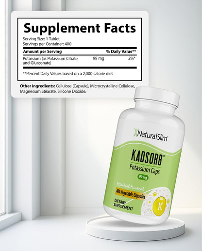 NaturalSlim Natural Potassium Citrate Gluconate 99 mg - Kadsorb Supports Electrolyte Balance & Normal pH - Absorbable Potassium Supplements NaturalSlim