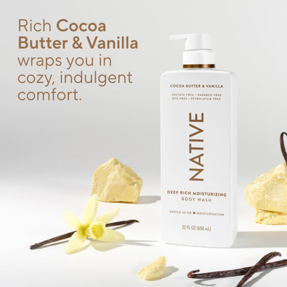 Native Moisturizing Body Wash, Clean & Gentle 24-Hour Hydration with Shea Butter, for Sensitive and Dry Skin, for Women & Men, Sulfate-free, Paraben-free, Cocoa Butter & Vanilla, 22 fl oz Native