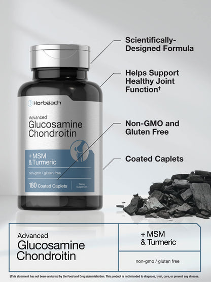 Horbäach Glucosamine Chondroitin | Plus MSM & Turmeric | 180 Coated Caplets | Non-GMO, Gluten Free Supplement Horbäach
