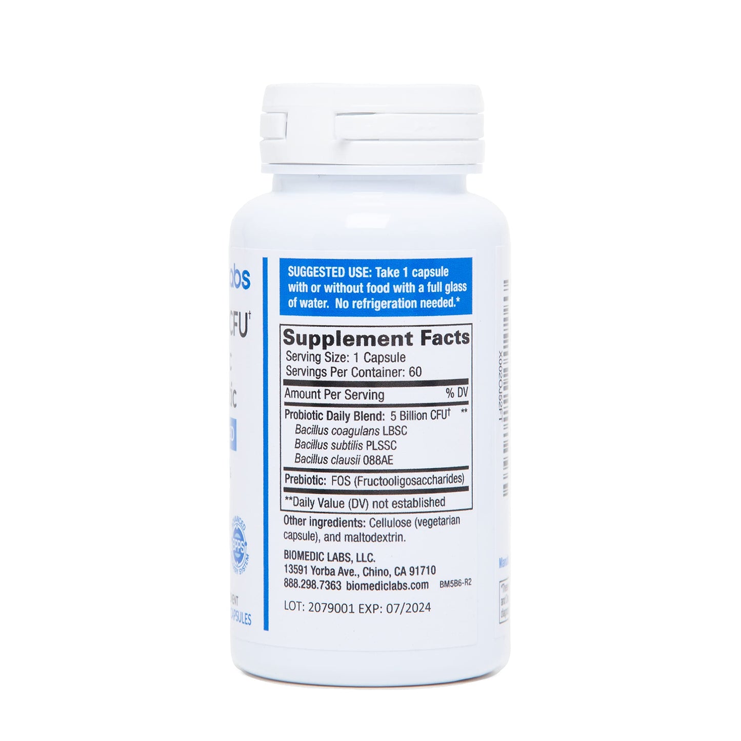 Probiotic Rx: 5 Billion CFU – Probiotic + Prebiotic - Spore-Based – 60-Day Supply - SBO - Supports Immune & Gut Health - Soil-Based Organisms - No Refrigeration Required Biomedic Labs RX