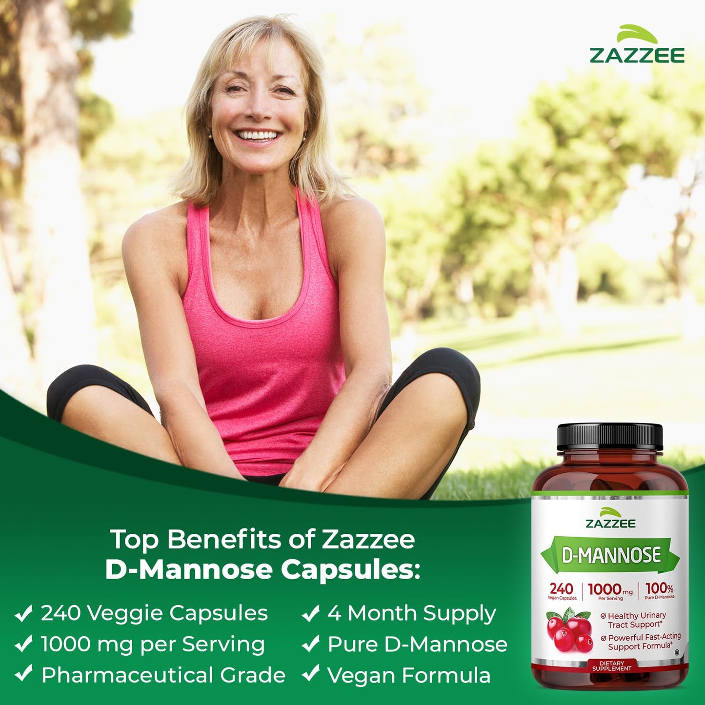 Zazzee D-Mannose, 1000 mg per Serving, 180 Vegan Capsules, 3 Month Supply | Potent & Fast-Acting, Certified Kosher, 100% Pure, All-Natural Urinary Tract Health Support, 100% Vegetarian, Non-GMO Gsupps Australia