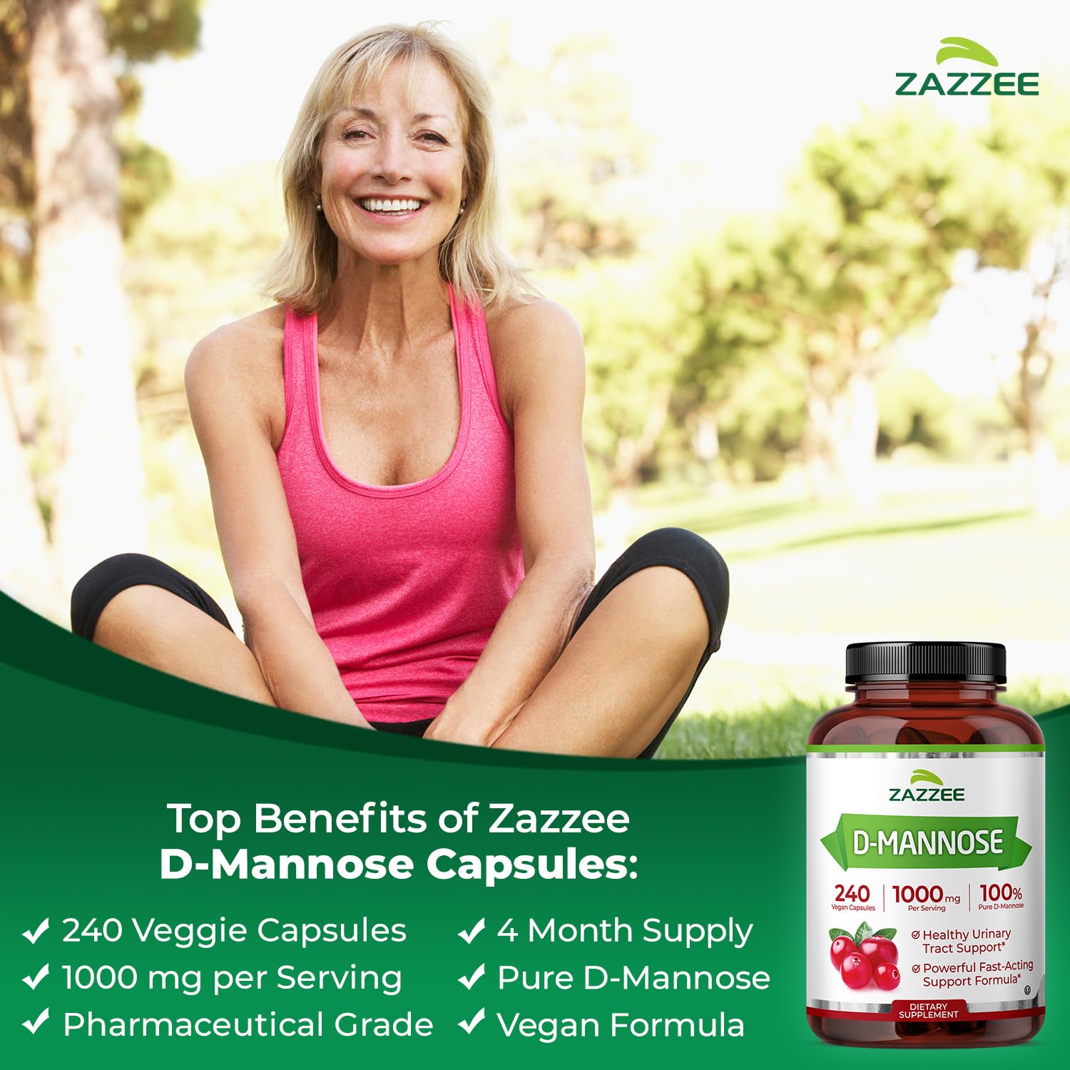 Zazzee D-Mannose, 1000 mg per Serving, 180 Vegan Capsules, 3 Month Supply | Potent & Fast-Acting, Certified Kosher, 100% Pure, All-Natural Urinary Tract Health Support, 100% Vegetarian, Non-GMO Gsupps Australia