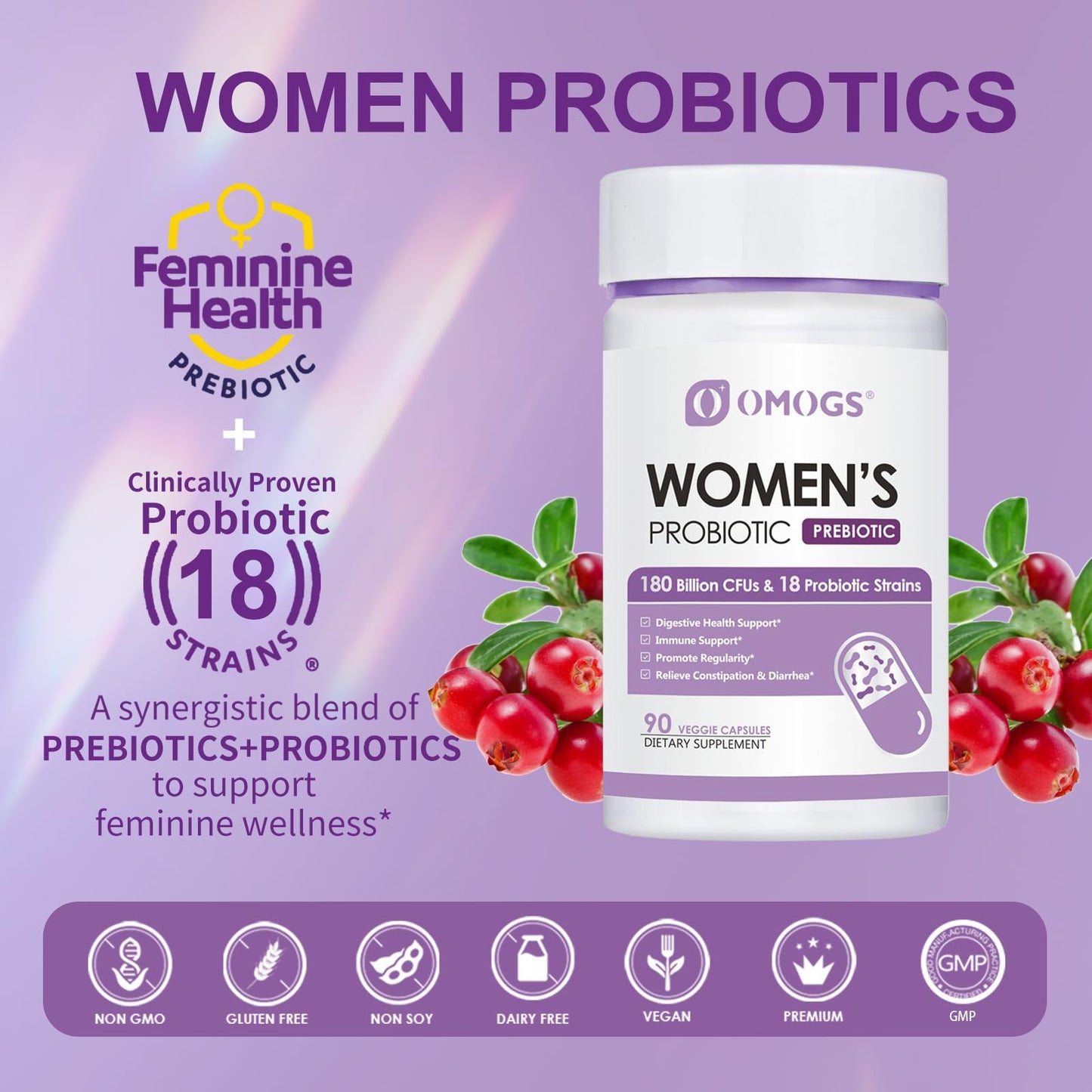 OMOGS Women's Probiotic 180 Billion CFUs 18 Strains, with Organic Prebiotics, Cranberry Extract, D-Mannose & Digestive Enzymes, for Digestive, Boost Immune, OMOGS