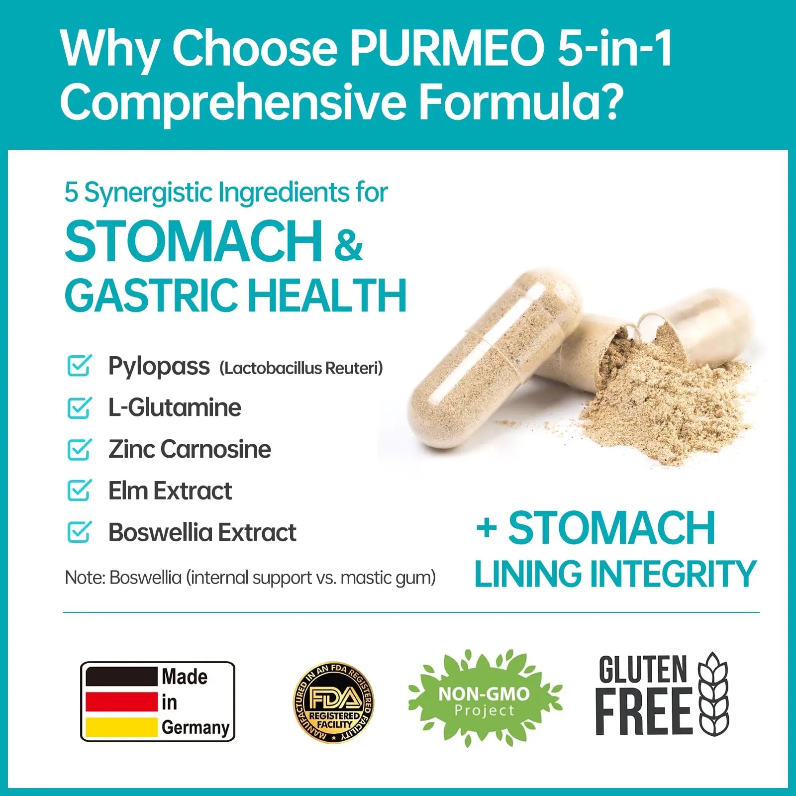 5-in-1 High Potency H. Pylori Probiotic, 1 Per Day - Supports Gastric Lining Integrity, Occasional Indigestion, Acid Comfort - Pylopass Lactobacillus Reuteri, Gluten Free, Vegan, 30ct, Made in Germany purmeo buy australia supplements