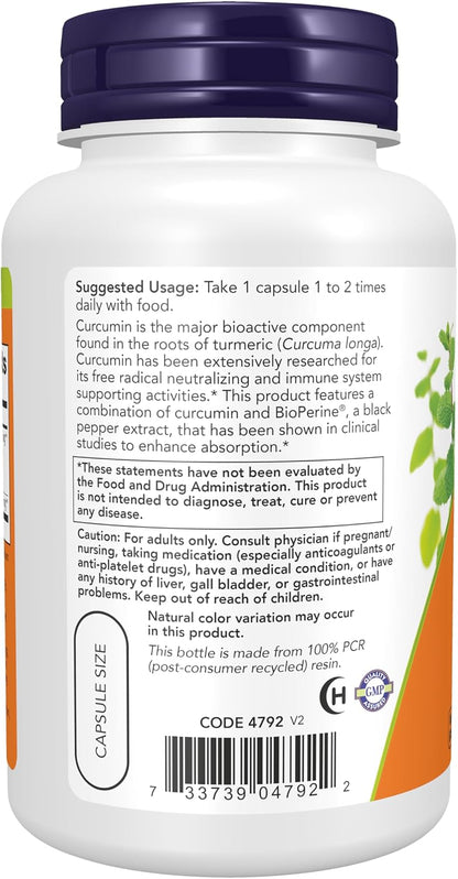 Now Supplements, Turmeric Curcumin with BioPerine, 90 Veg Caps Gsupps Australia