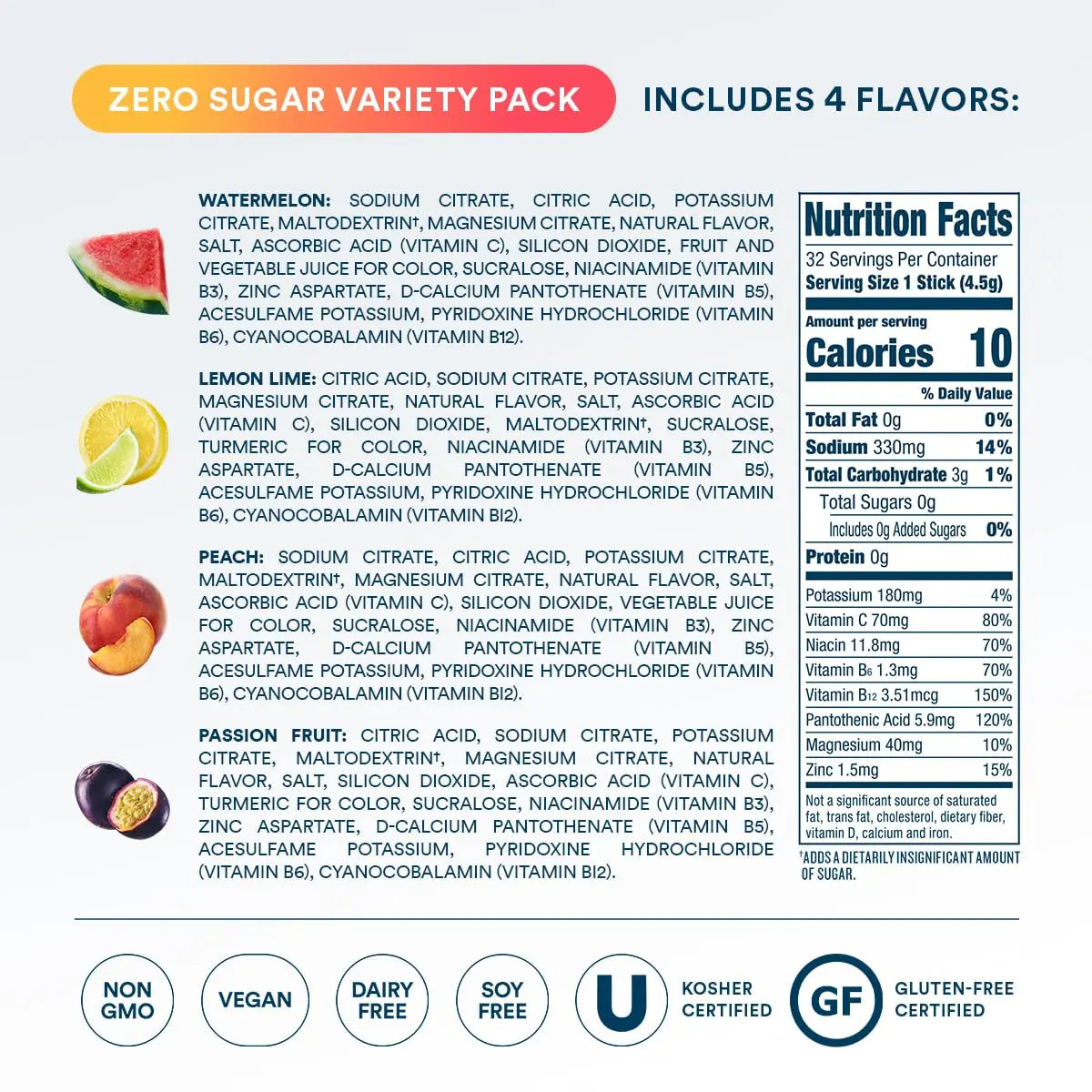 DripDrop Sugar Free Hydration Packets - Zero Classic Variety Pack - Single Serve Electrolytes Powder Drink Mix - Lemon Lime, Watermelon, Peach, Passion Fruit DripDrop