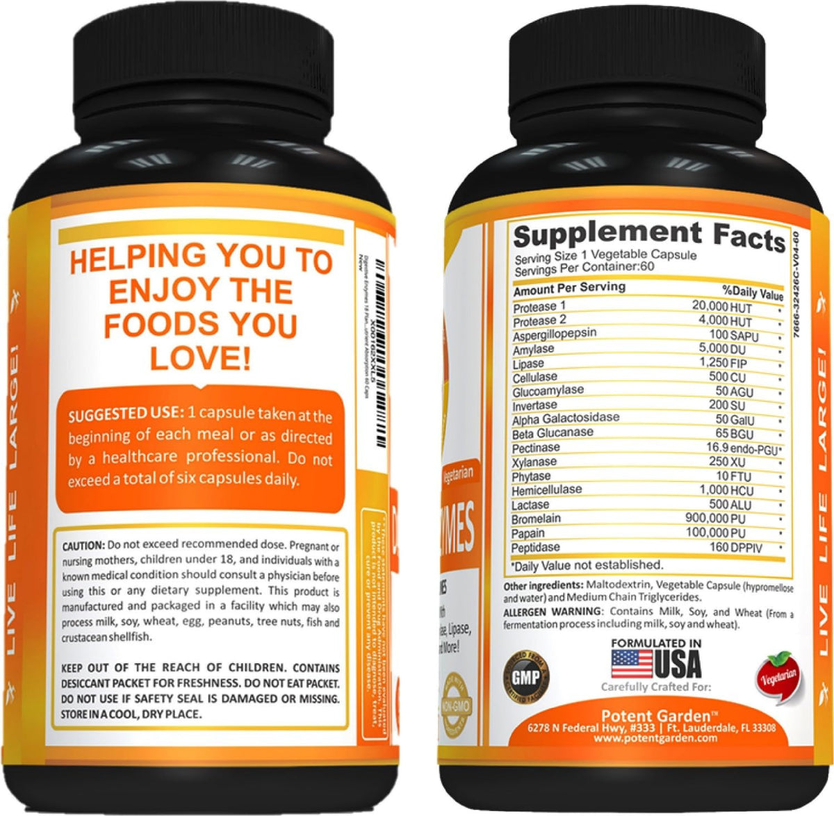Potent Garden Digestive Enzymes -18 Plant Based Enzymes with amylase lipase bromelain Protease lactase & Other Enzymes - One Pre Meal Pill Supports Healthy Potent Garden