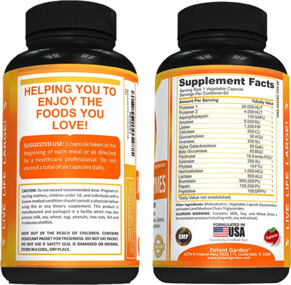 Potent Garden Digestive Enzymes -18 Plant Based Enzymes with amylase lipase bromelain Protease lactase & Other Enzymes - One Pre Meal Pill Supports Healthy Potent Garden