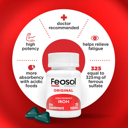 Feosol Original Iron Supplement Tablets, Non-heme, 65mg Iron per Pill, 1 Per Day, 120ct, 4 Month Supply, for Energy and Immune System Support, Made in USA Feosol