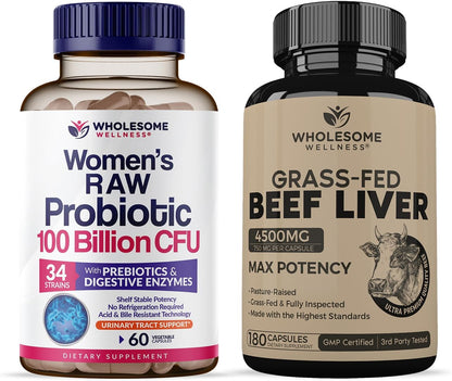Wholesome Wellness Probiotics for Women 100 Billion CFUs with Prebiotics, Digestive Enzymes + Grass Fed Desiccated Beef Liver Capsules Bundle Gsupps Australia