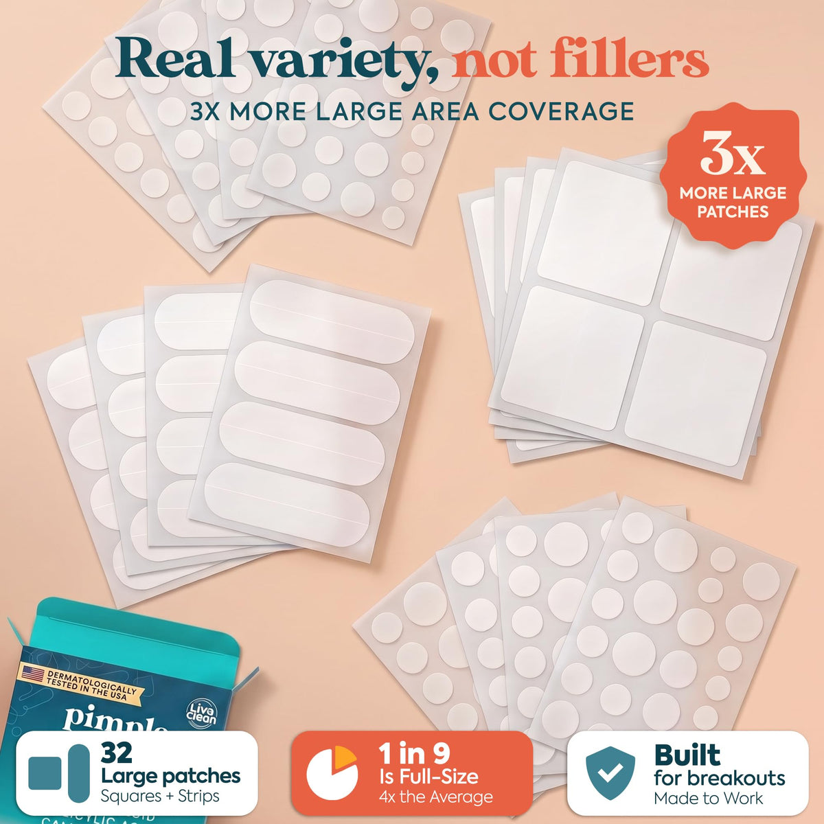 272 CT Large Pimple Patches for Face - 10 Sizes Variety Pack Zit Patches w/ Salicylic Acid, Tea Tree, Calendula Oil - Pimple Patches Large Acne Patches for Face Chin and Body - Dark Spot Patches LivaClean