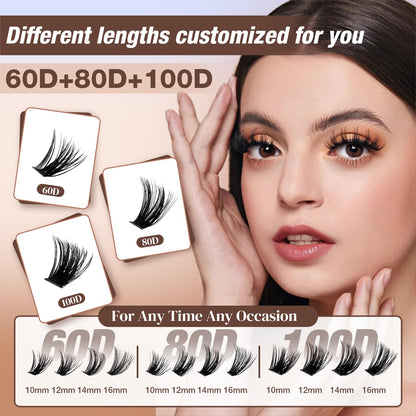 AILAISHI Lash Clusters Kit, DIY Cluster Eyelash Extensions 9‑16mm, 60D+80D+100D, 224pcs Fluffy D Curl Natural Lashes with Bond & Seal,Tweezers,Brush,Fake Cat Eye Individual Clusters AILAISHI