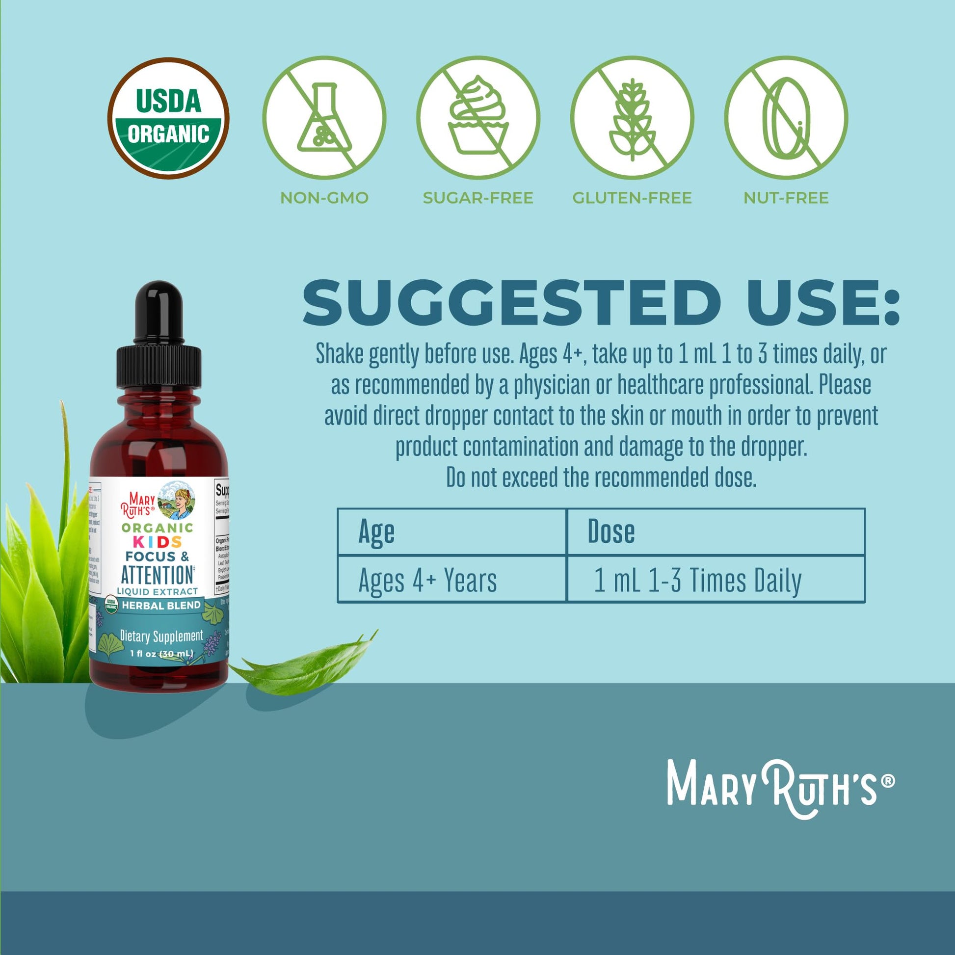 MaryRuth Organics Kids Focus & Attention Drops | USDA Organic Drops | Ginkgo Biloba | Rhodiola Root & Licorice Root | Adaptogenic | Calm | Vegan | Non-GMO | Gluten Free | 30 Servings MARYRUTH'S buy australia supplements