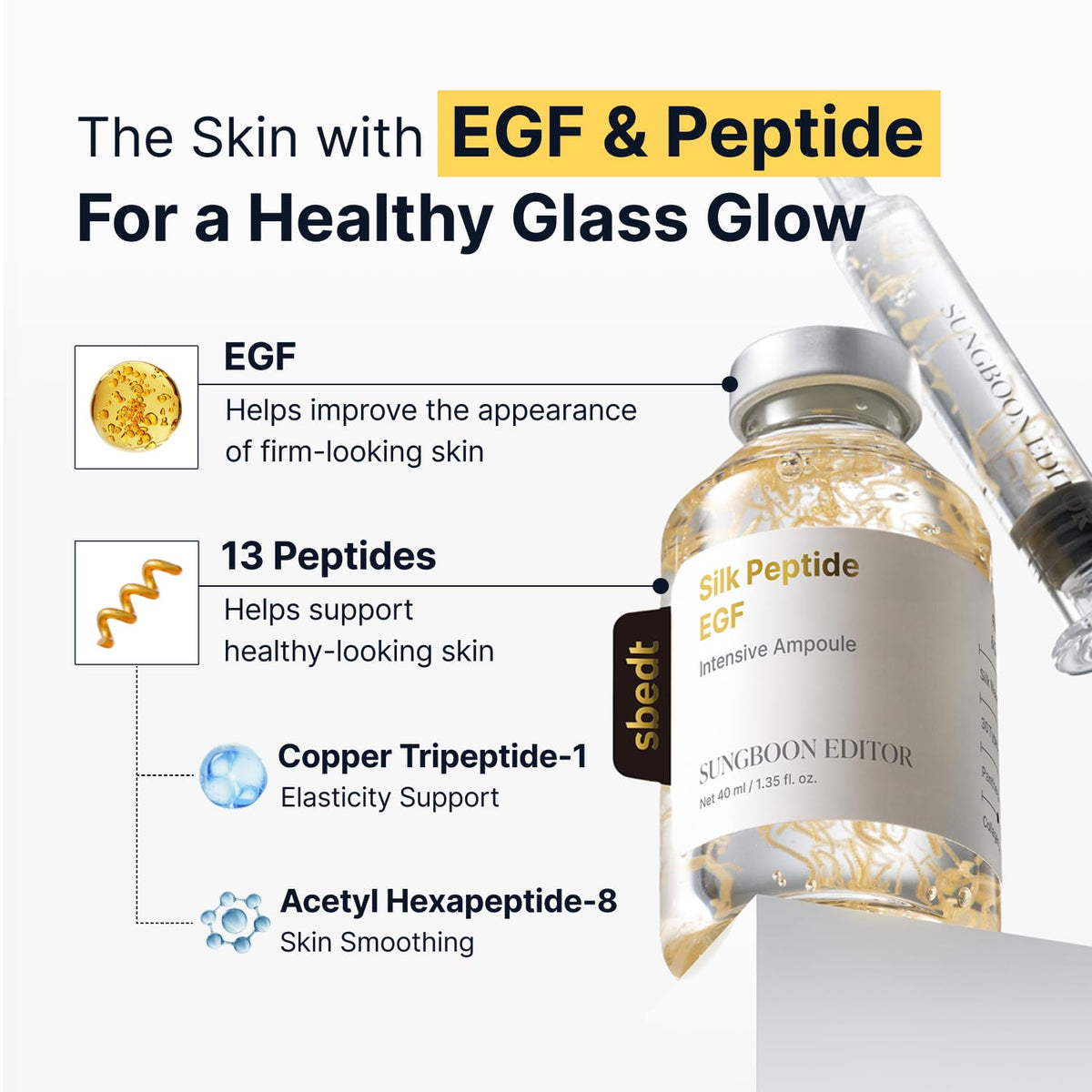 SUNGBOON EDITOR Glow Intensive Deep Collagen Silk Peptide EGF Ampoule, Copper Peptides Serum for Face with Multi Peptides, Hydrating Korean Skincare Facial Serum for Smooth-Looking Skin, 1.35 fl oz SUNGBOON EDITOR