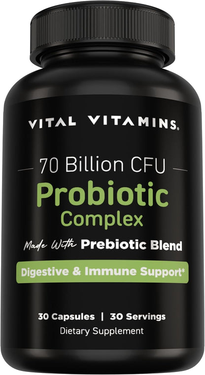 Vital Vitamins Probiotic Complex, 70 Billion CFU for Men & Women | 10-Probiotic Strain Blend with Prebiotic FOS, Supports Digestion & Immunity, Shelf-Stable, 30 Capsules Gsupps Australia