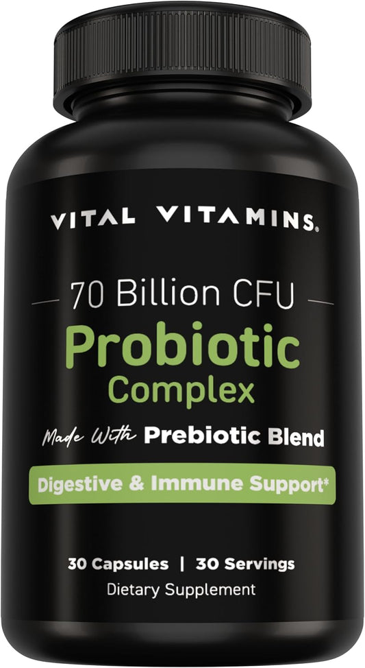 Vital Vitamins Probiotic Complex, 70 Billion CFU for Men & Women | 10-Probiotic Strain Blend with Prebiotic FOS, Supports Digestion & Immunity, Shelf-Stable, 30 Capsules Gsupps Australia