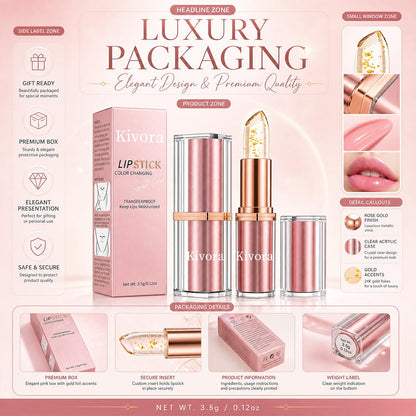 Kivora Lipstick（2 Pack）,Latest Rose Gold Kivora Lipstick for Mature Lips,PH Lipsticks Color Changing, Long Lasting Moisturizing Tinted Lip Balm Generic
