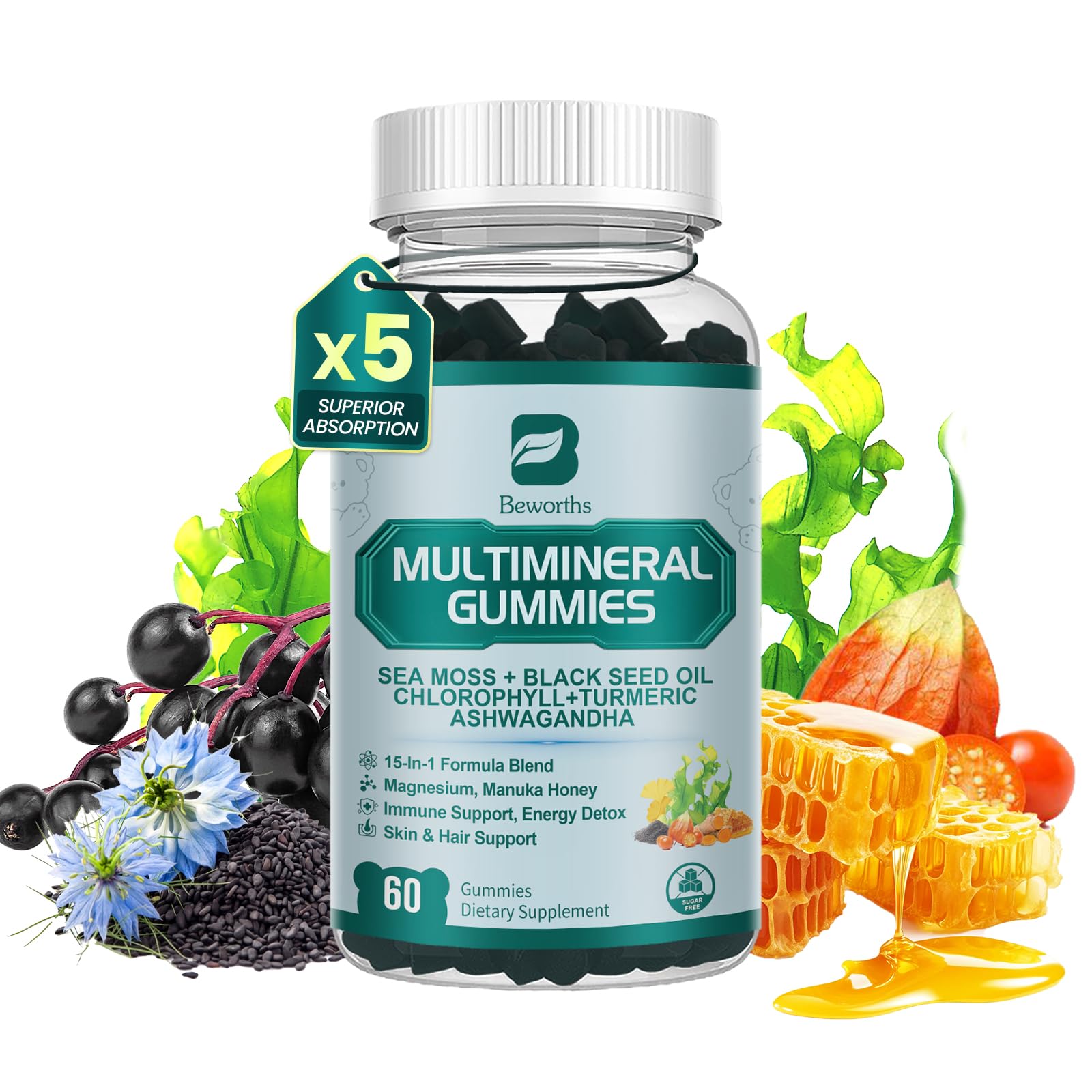 Sea Moss Gummies with Ashwagandha & Chlorophyll, Immune, Digestive and Gut Detox Support, Powered by Black Seed Oil, Vitamin C, Vitamin D & Magnesium, GMO, Vegan, Apple Flavor, 60 SeaMoss Gummies B BEWORTHS buy australia supplements