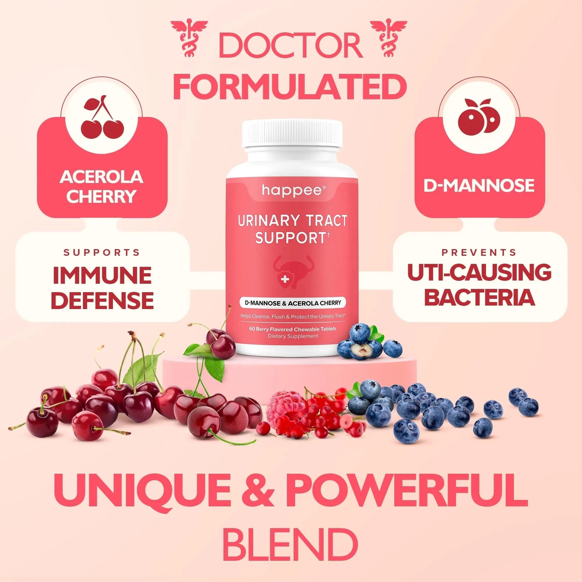 Happee Urinary Tract Health Supplement for Women & Men – Fast-Acting UTI Relief and Prevention, 500mg D-Mannose & Antioxidants, Supports Kidney and Bladder Health, Berry Flavor, 60 Chewables Happee buy australia supplements