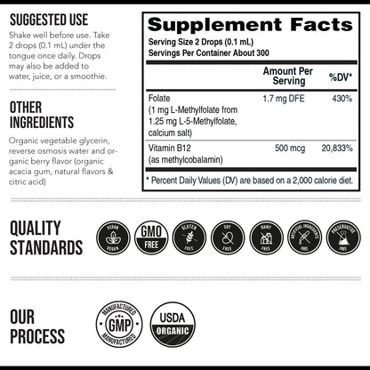 Organic Methyl Folate 1000 mcg + Methyl B12 Cofactor (300 Servings) – Metabolically Active 5-MTHF Form, Organic Berry Flavor Triquetra Health
