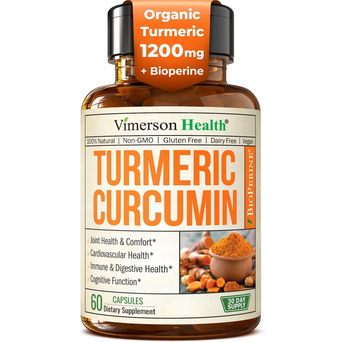 Turmeric with Black Pepper - High Potency Organic 1200mg Turmeric Curcumin Supplement for Joint Support & Digestive Health - Curcumin with Black Pepper Vimerson Health