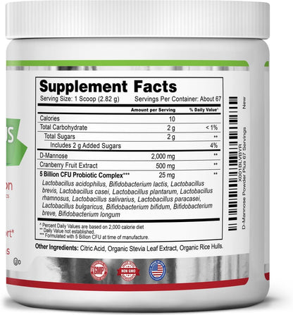 Zazzee D-Mannose Powder Plus, 2000 mg, 67 Servings, Free Scoop, Made in USA | Plus 5 Billion CFU Probiotics and Pure Cranberry Juice Extract, Kosher, 6.67 oz, Urinary Tract & Bladder Support, Non-GMO Gsupps Australia