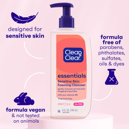 Clean & Clear Essentials Oil-Free Foaming Facial Cleanser, Daily Foaming Face Wash with Pro-Vitamin B5 for Sensitive Skin Clean & Clear