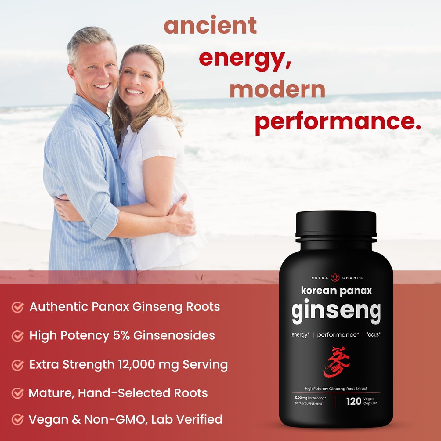 NutraChamps Korean Red Panax Ginseng Capsules | Extra Strength Ginsenosides for Energy, Focus, Performance, Vitality & Immune Support NutraChamps