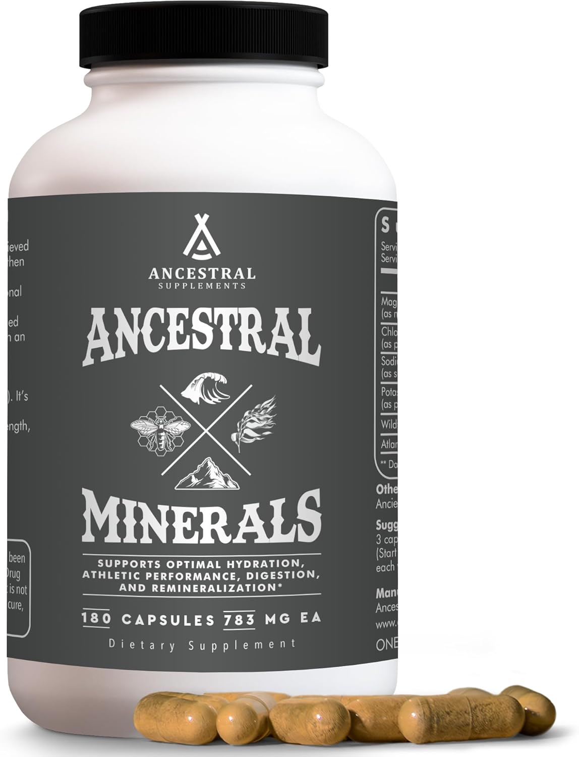 Ancestral Supplements Minerals & Electrolytes with Magnesium, Potassium, Sodium, Supports Optimal Hydration, Immune Health, Athletic Performance, Digestion, and Remineralization, 180 Capsules