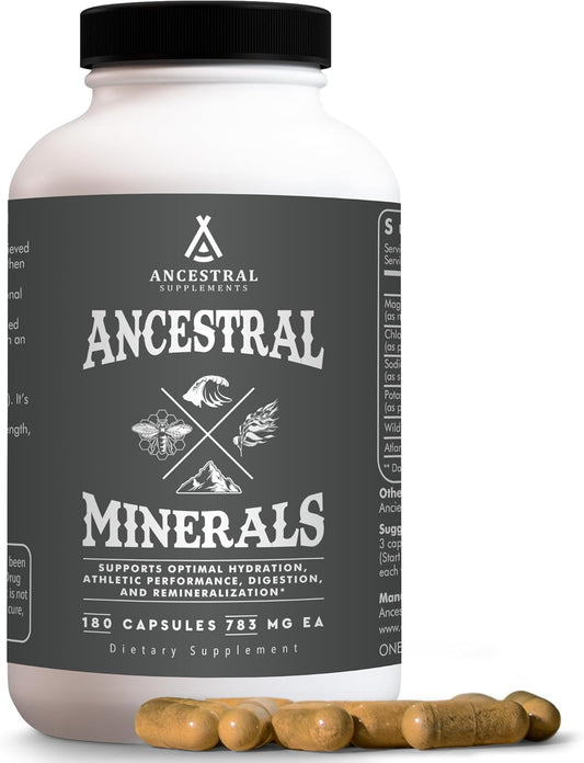 Ancestral Supplements Minerals & Electrolytes with Magnesium, Potassium, Sodium, Supports Optimal Hydration, Immune Health, Athletic Performance, Digestion, and Remineralization, 180 Capsules