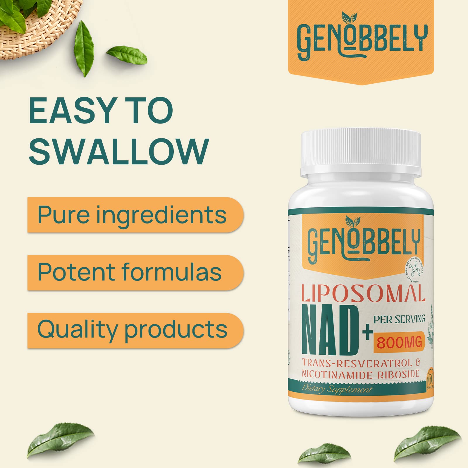 GENOBBELY 800 mg Liposomal NAD+ Supplement with Nicotinamide Riboside 200 mg, Trans-Resveratrol 100 mg - True NAD Supplement for DNA Repair, Healthy Aging, Brain Function - 60-Day Supply GENOBBELY buy australia supplements