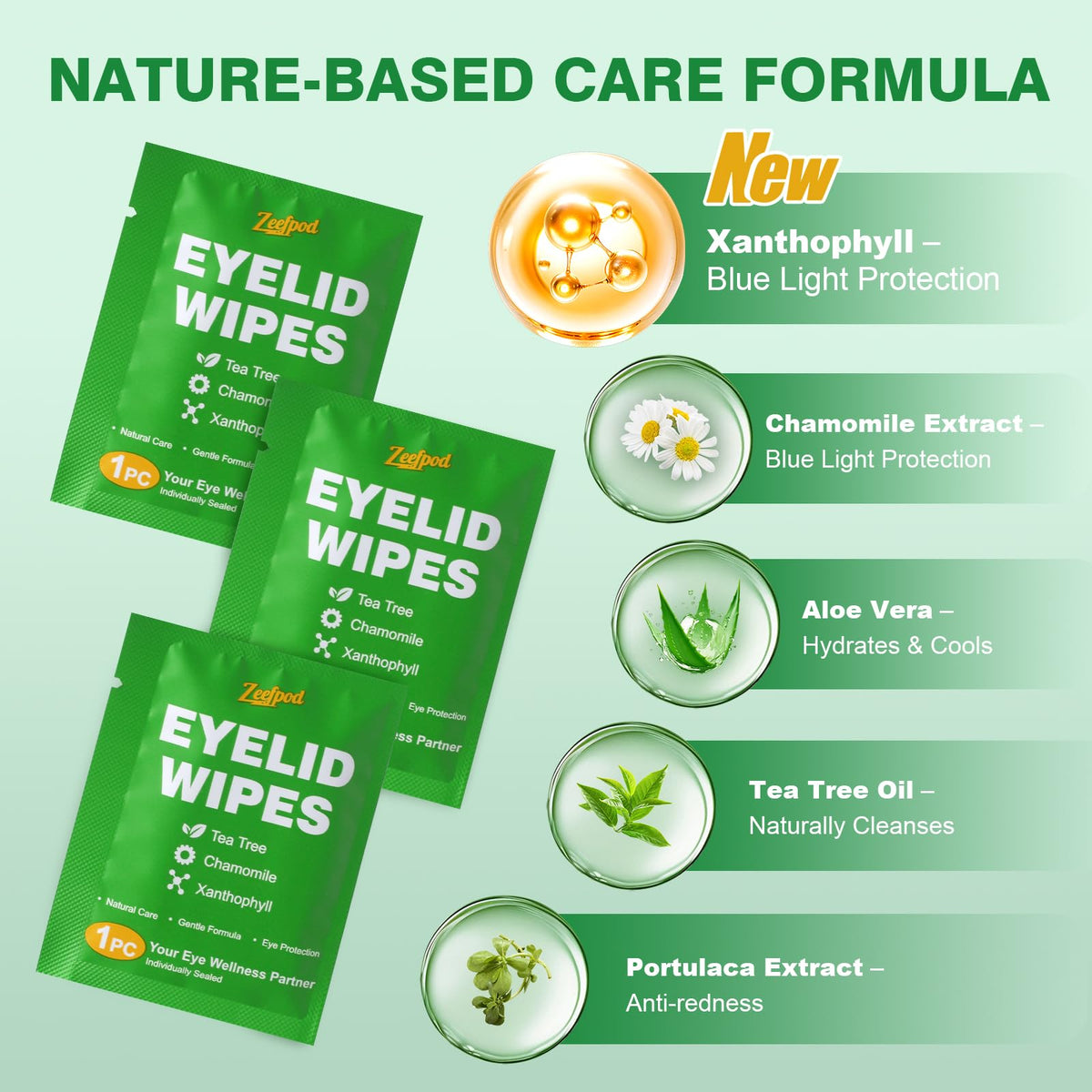 60PCS Tea Tree Oil Eyelid Wipes – Individually Wrapped Eye Lid Cleaning Wipes，Soothing For Sensitive Eyes, Stay Hydrated Lid Wipe Zeefpod
