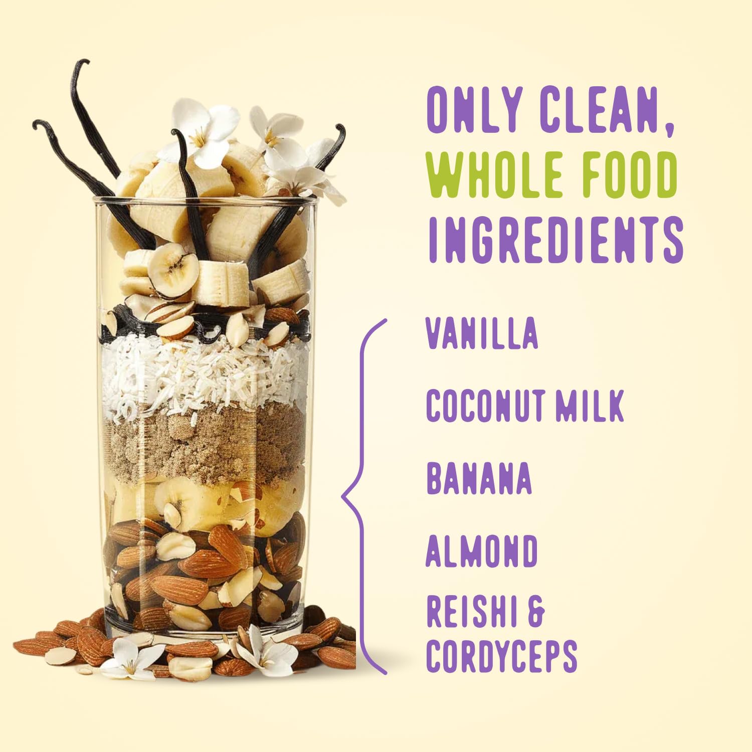 FlavCity Vegan Almond Protein Shake Powder, Vanilla Cream + Reishi & Cordyceps Mushrooms - Focus, Skin, Hair & Joint Support - Organic Fruit All in One Smoothie On-the-Go, 20 Servings FlavCity buy australia supplements