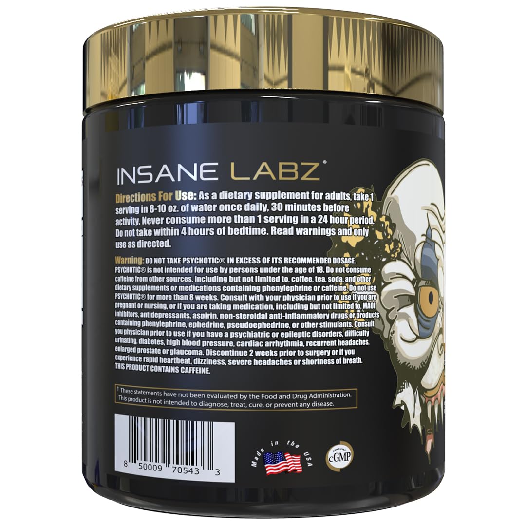 Insane Labz Psychotic Gold, High Stimulant Pre Workout Powder, Extreme Lasting Energy Focus, Pumps and Endurance with Beta Alanine, DMAE Bitartrate, NO Booster (35 Servings, Watermelon)