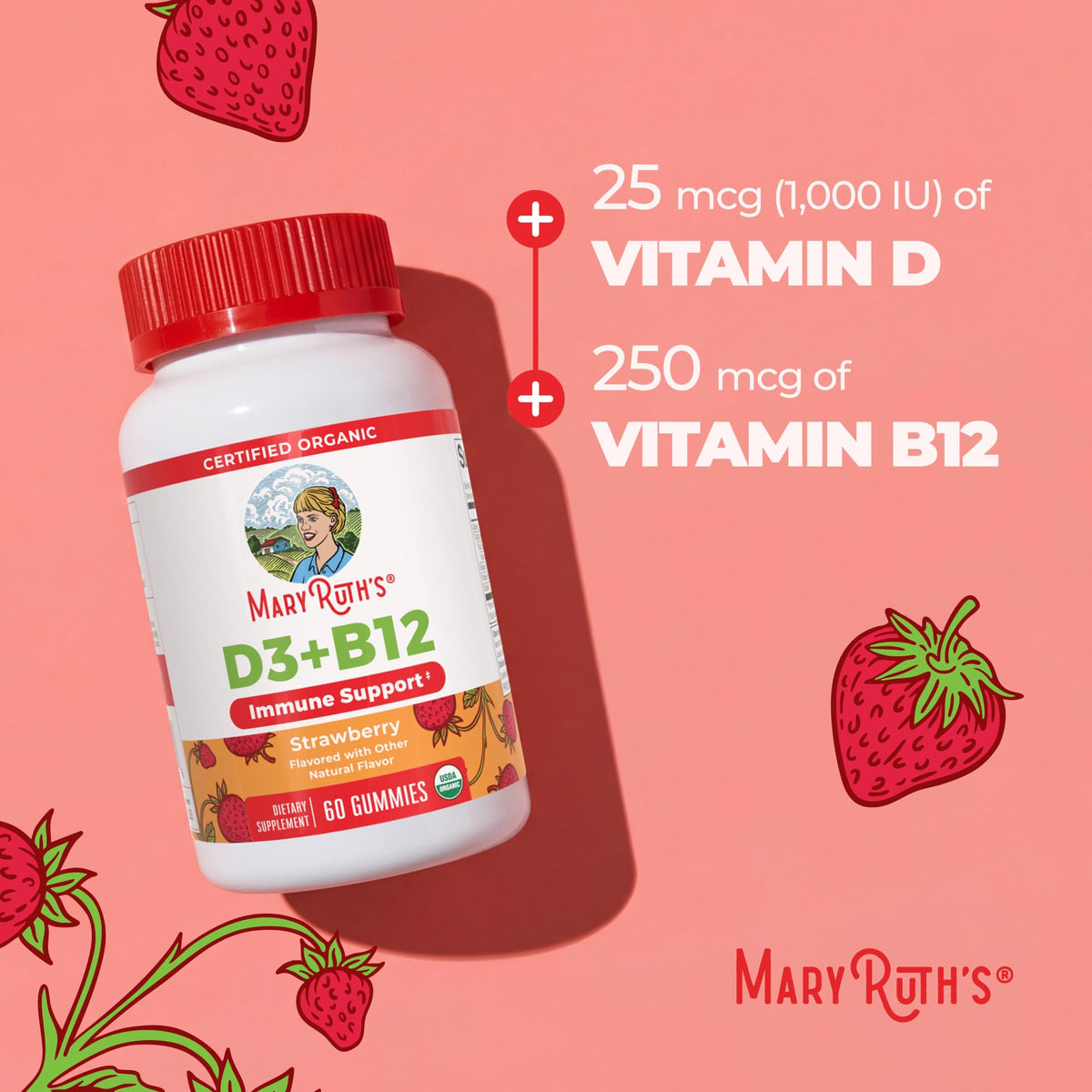 MARYRUTH'S Organic Vitamin D3 + B12 Gummies for Ages 4+ | Bone Health | Immune Support | Energy Metabolism | Cognitive Function | Vegan | Non-GMO MARYRUTH'S