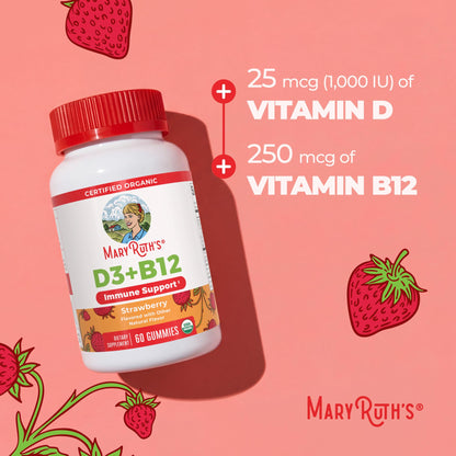 MARYRUTH'S Organic Vitamin D3 + B12 Gummies for Ages 4+ | Bone Health | Immune Support | Energy Metabolism | Cognitive Function | Vegan | Non-GMO MARYRUTH'S