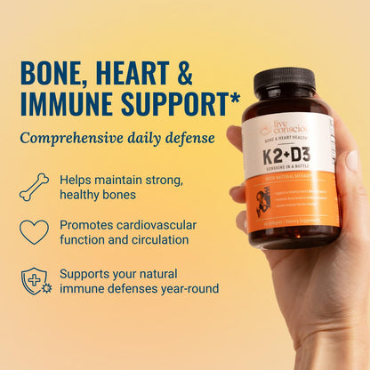 Live Conscious Vitamin K2 MK7 with D3 Supplement | Bone & Heart Health Support - Patented Vitamin K & Vitamin D3 5000 IU - 60 Softgels Live Conscious