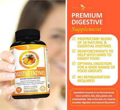 Potent Garden Digestive Enzymes -18 Plant Based Enzymes with amylase lipase bromelain Protease lactase & Other Enzymes - One Pre Meal Pill Supports Healthy Potent Garden
