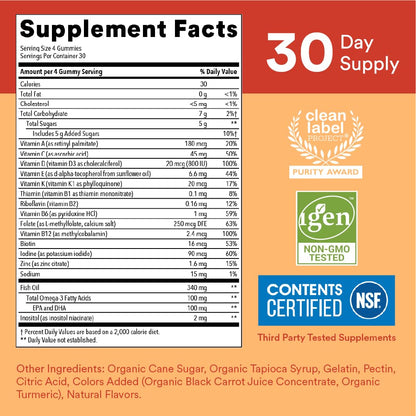 SmartyPants Kids Multivitamin Gummies with Omega 3 DHA/EPA, Vitamins D3, C, B12, B6, A, K, and Zinc, Gluten Free, Clean Label, Three Fruit Flavors, 60 Gummies (30 Day Supply) Gsupps Australia
