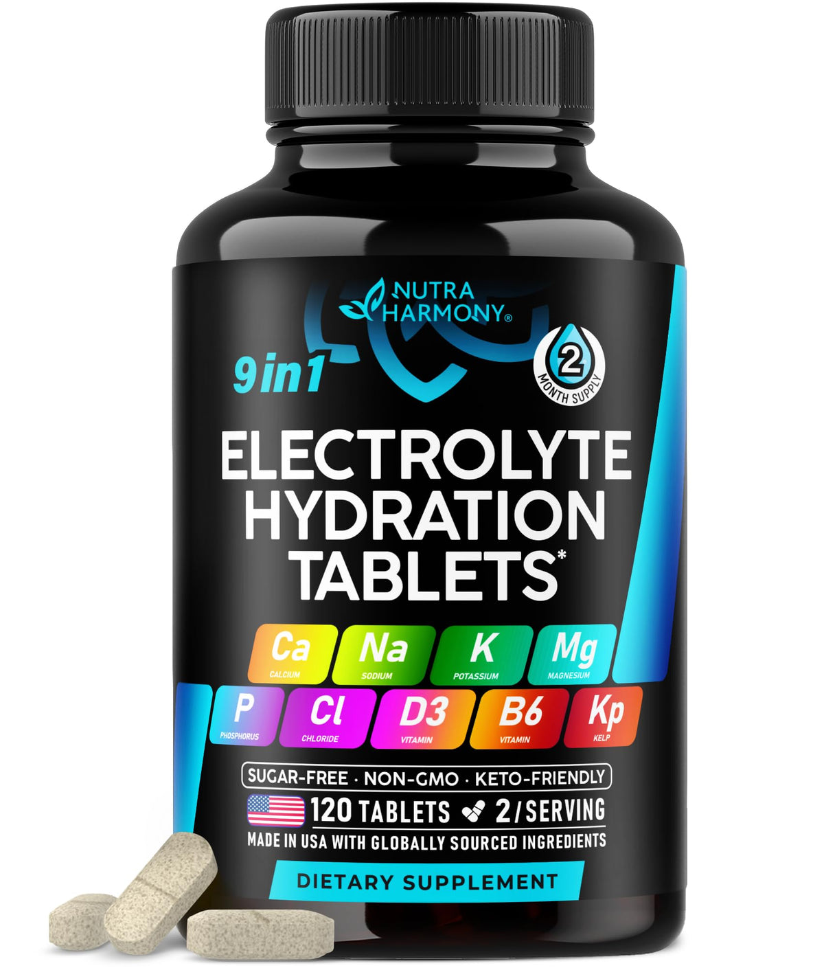 Electrolytes - Electrolyte Tablets with Magnesium, Sodium, Potassium, Chloride, Vitamins D3 & B6, Kelp Powder - Salt Pills - Made in USA NUTRAHARMONY