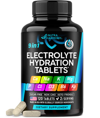 Electrolytes - Electrolyte Tablets with Magnesium, Sodium, Potassium, Chloride, Vitamins D3 & B6, Kelp Powder - Salt Pills - Made in USA NUTRAHARMONY