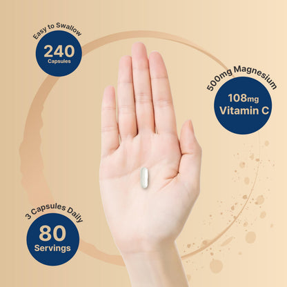 NatureBell Pure Magnesium Citrate 500mg per 3 Capsules Serving Size, 240 Capsules per Bottle NatureBell