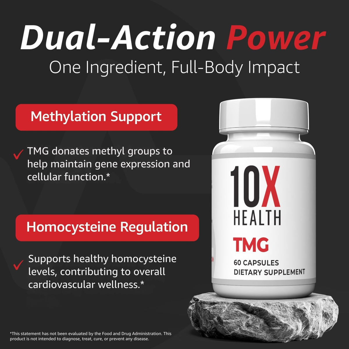 10X Health TMG Supplements - Trimethylglycine Supplement for Liver Support, Heart Wellness, Energy, Homocysteine Levels - TMG Capsules with Betaine Anhydrous 10X Health System