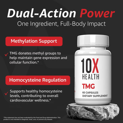 10X Health TMG Supplements - Trimethylglycine Supplement for Liver Support, Heart Wellness, Energy, Homocysteine Levels - TMG Capsules with Betaine Anhydrous 10X Health System