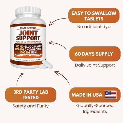 Arazo Nutrition Glucosamine Chondroitin Turmeric Msm Boswellia - Joint Support Supplement for Relief for Bones, Back, Knees, Hands (180 Tablets) Gsupps Australia