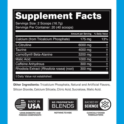 Outwork Nutrition Preworkout for Men & Women - Nootropic Pre Workout Without Creatine, Pre-Workout Powder with Taurine Rhodiola Citrulline Malate Beta Alanine Caffeine (Tropical Candy)