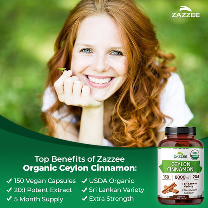 Zazzee USDA Organic Ceylon Cinnamon 20:1 Extract, 150 Capsules, Sri Lankan | Vegan, 5 Month Supply, Cinnamomum Verum, Antioxidant & Metabolic Support, All-Natural, Non-GMO, Made in the USA Gsupps Australia