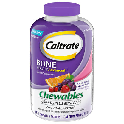 Caltrate Chewables 600 +D3 Plus Minerals Calcium and Vitamin D, Sugar Free, Cherry, Orange and Fruit Punch, 155 count Caltrate